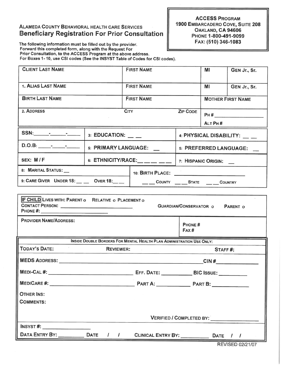 Beneficiary Registration for Prior Consultation - Alameda County, California, Page 1