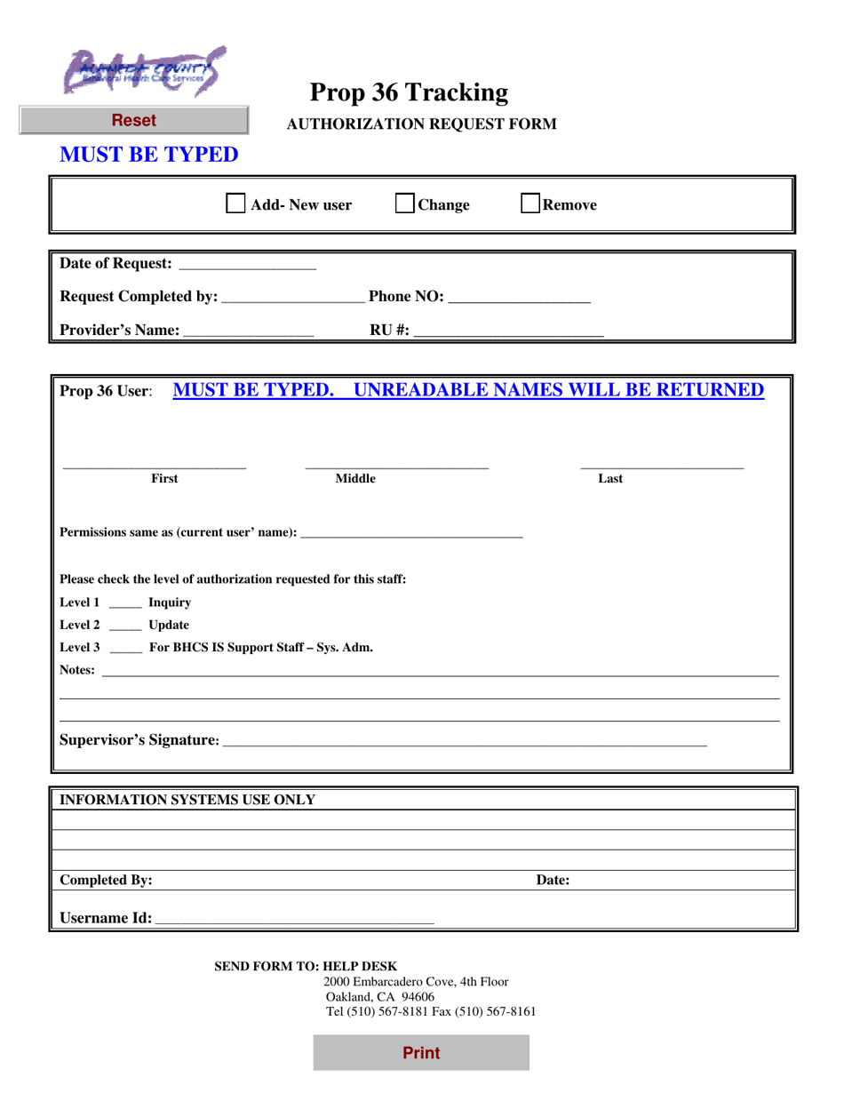 Authorization Request Form - Prop 36 Tracking - Alameda County, California, Page 1