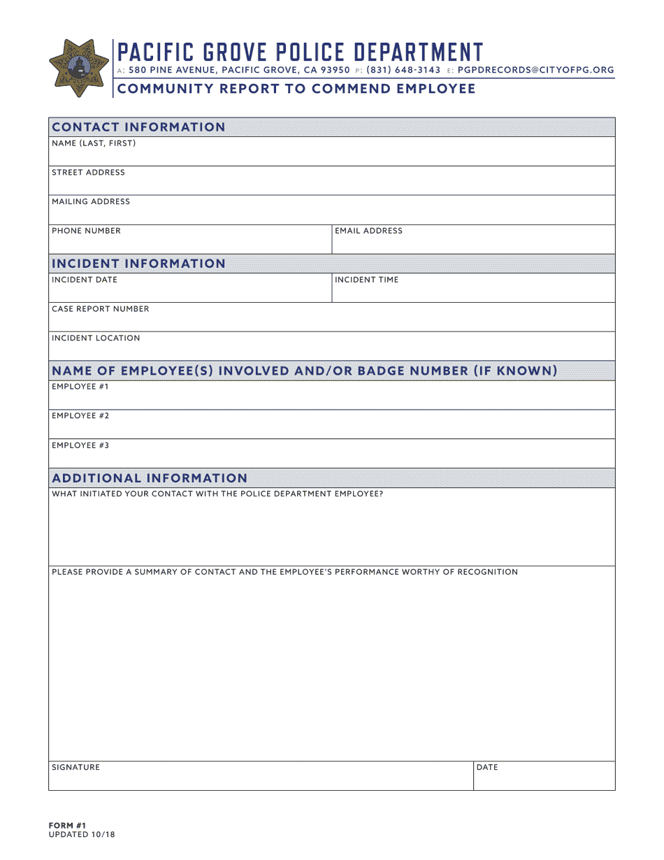 Form 1 Community Report to Commend Employee - City of Pacific Grove, California, Page 1