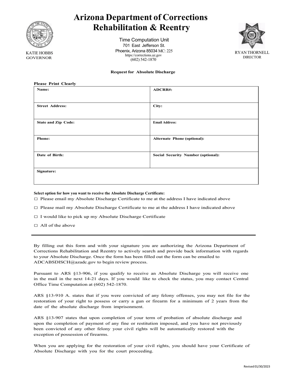 Request for Absolute Discharge - Arizona, Page 1