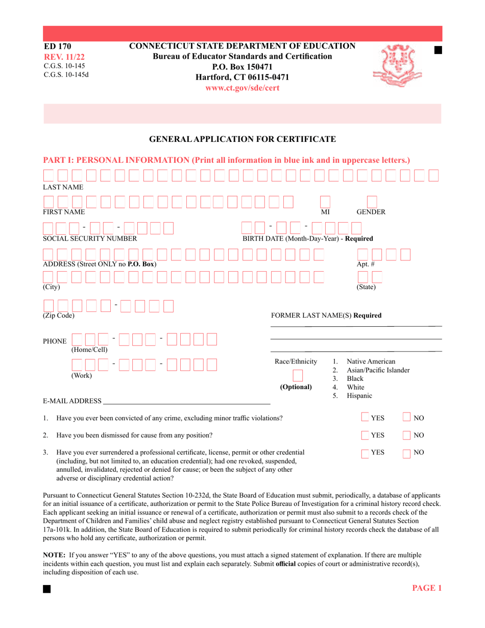 Form ED170 General Application for Certificate - Connecticut, Page 1