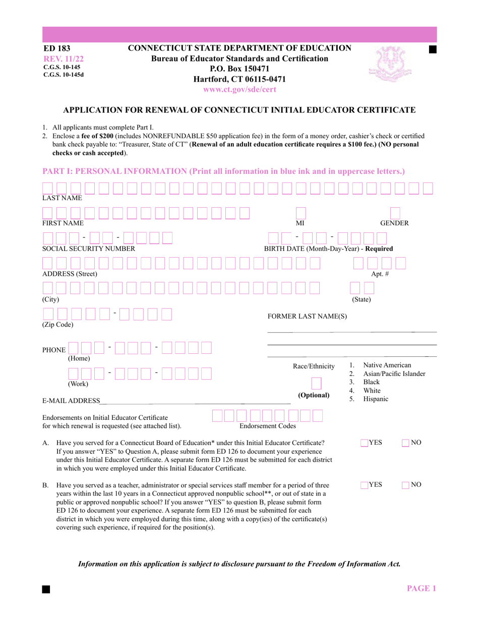 Form ED183 Application for Renewal of Connecticut Initial Educator Certificate - Connecticut, Page 1