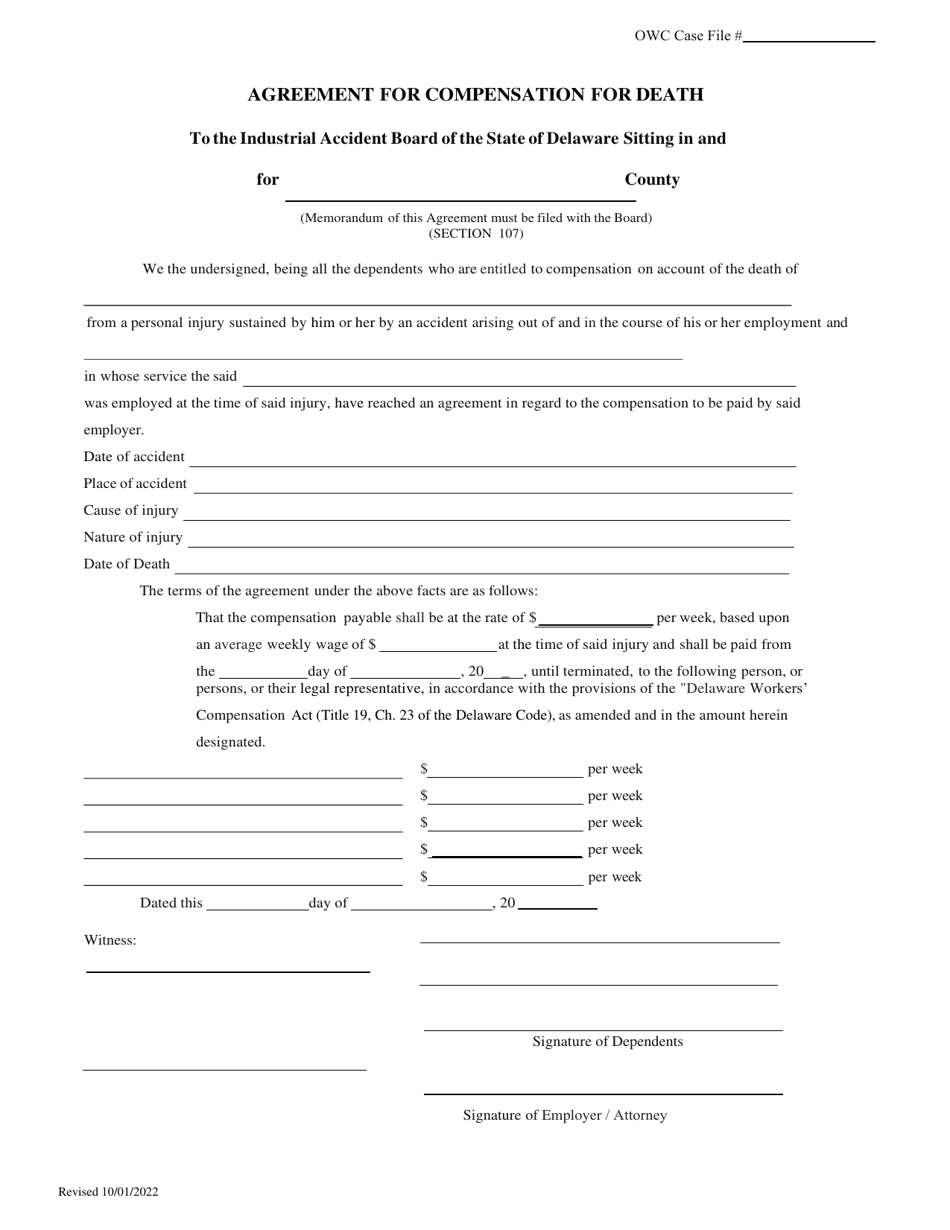 Agreement for Compensation for Death - Delaware, Page 1