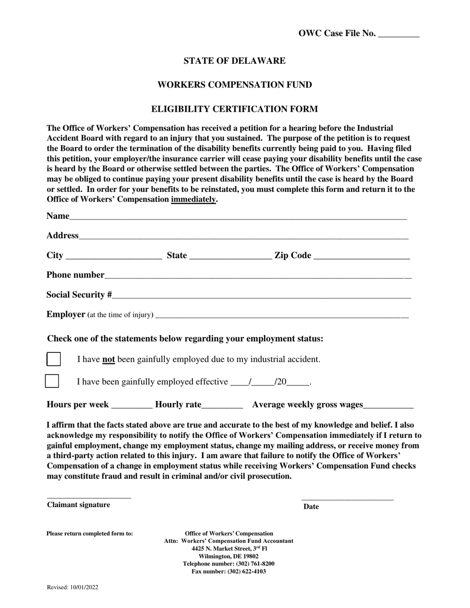 Eligibility Certification Form - Delaware, Page 1