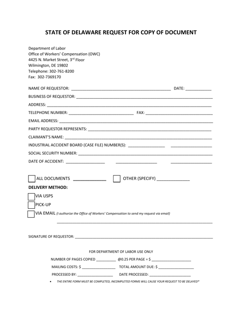 Request for Copy of Document - Delaware Download Pdf