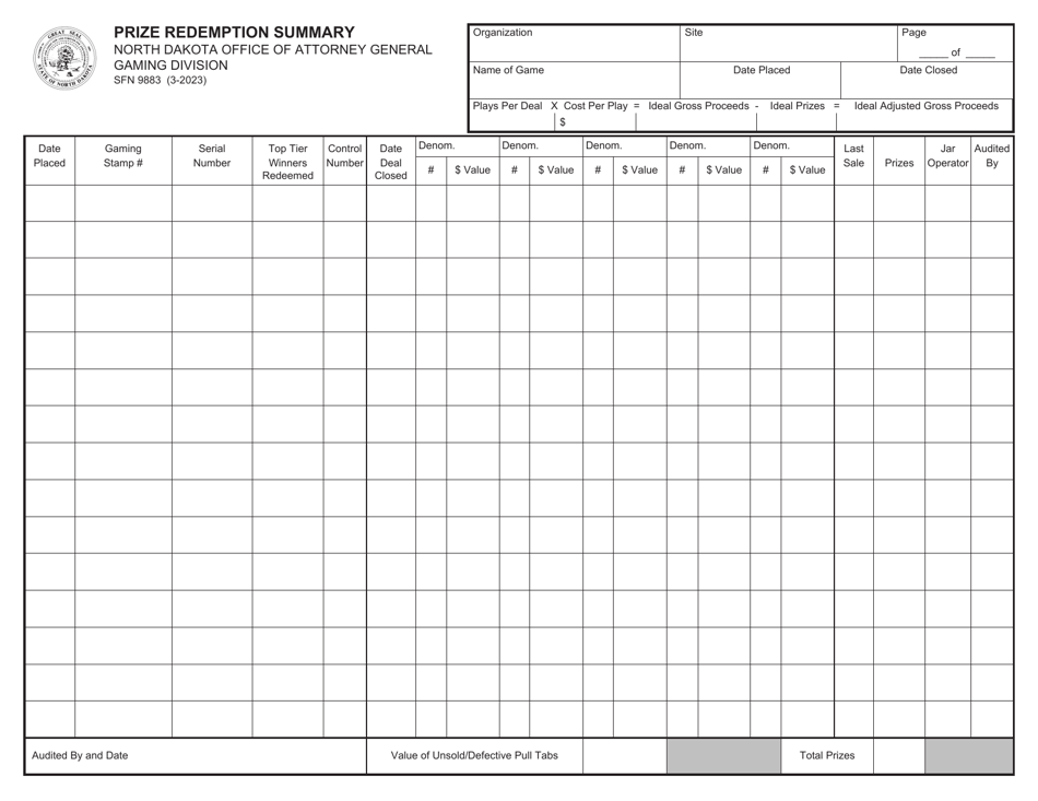 Form SFN9883 Prize Redemption Summary - North Dakota, Page 1