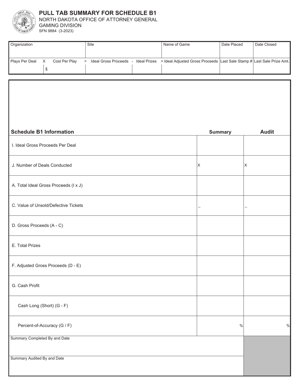Form SFN9884 Pull Tab Summary for Schedule B1 - North Dakota, Page 1