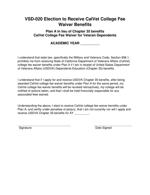 Form VSD-020 Election to Receive Calvet College Fee Waiver Benefits - County of Ventura, California