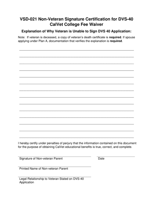 Form VSD-021 Non-veteran Signature Certification for Dvs-40 Calvet College Fee Waiver - County of Ventura, California