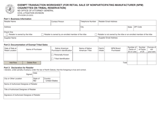 Document preview: Form SFN62298 Exempt Transaction Worksheet (For Retail Sale of Nonparticipating Manufacturer (Npm) Cigarettes on Tribal Reservation) - North Dakota