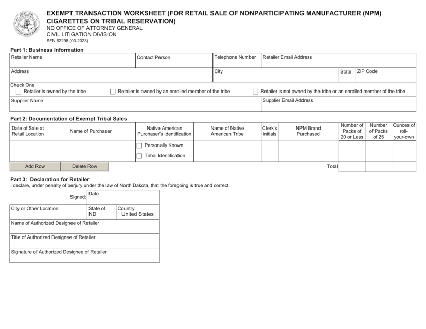 Form SFN62298 Exempt Transaction Worksheet (For Retail Sale of Nonparticipating Manufacturer (Npm) Cigarettes on Tribal Reservation) - North Dakota