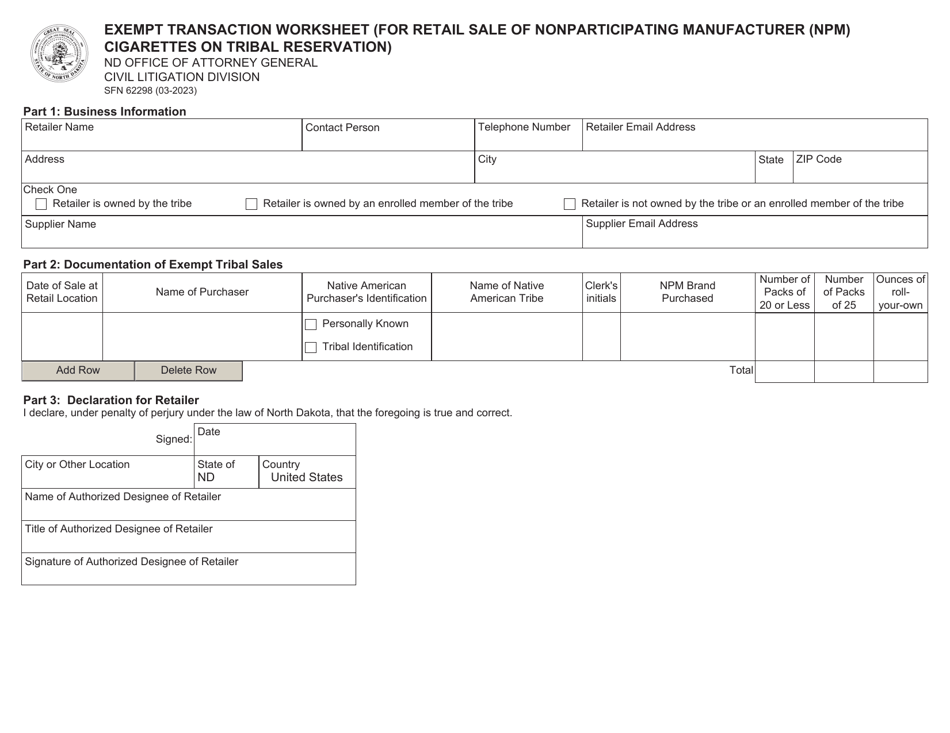 Form SFN62298 Exempt Transaction Worksheet (For Retail Sale of Nonparticipating Manufacturer (Npm) Cigarettes on Tribal Reservation) - North Dakota, Page 1