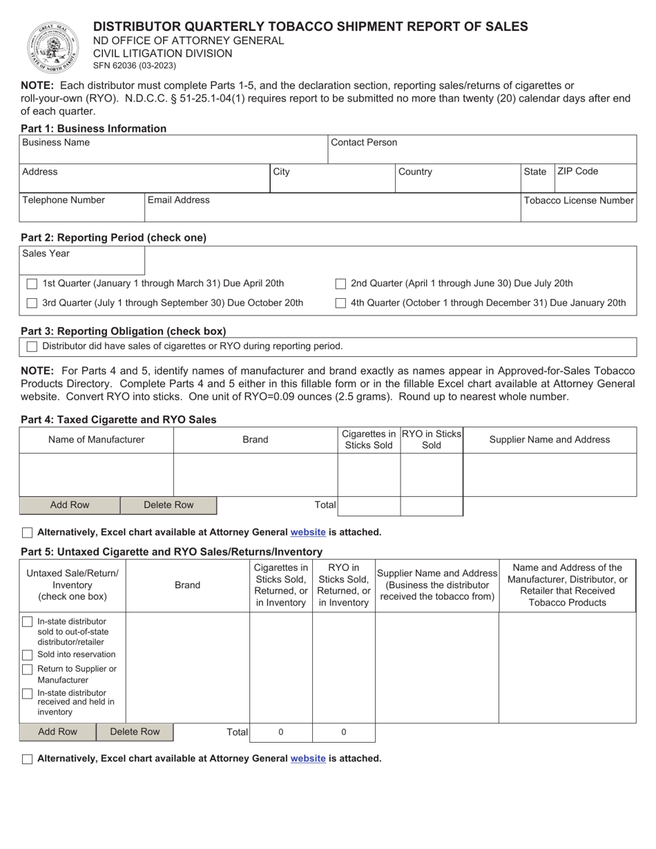 Form SFN62036 Distributor Quarterly Tobacco Shipment Report of Sales - North Dakota, Page 1