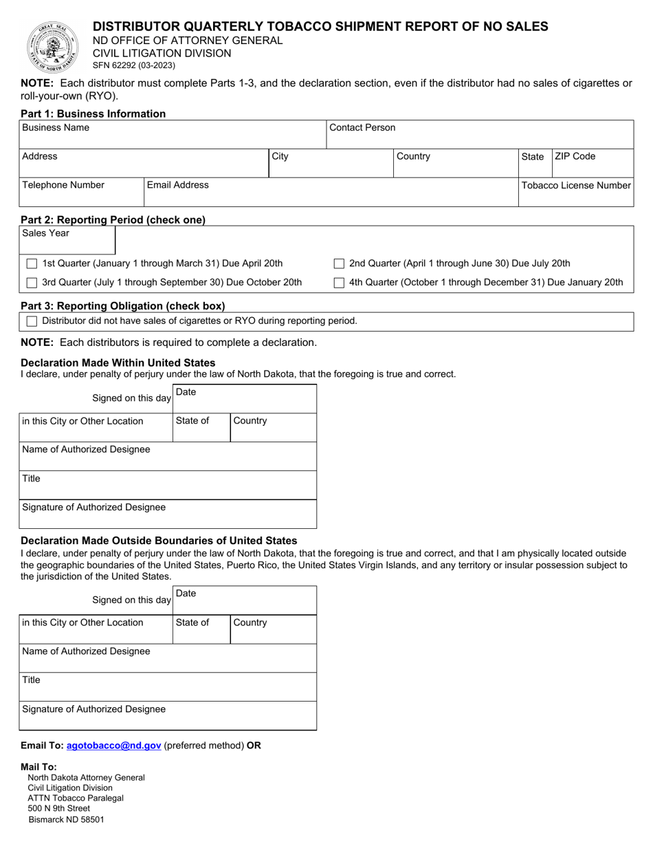 Form SFN62292 Distributor Quarterly Tobacco Shipment Report of No Sales - North Dakota, Page 1