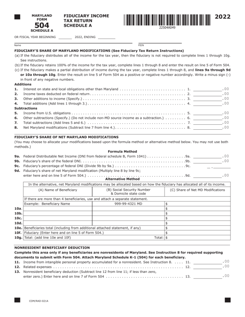 Maryland Form 504 (COM/RAD-021A) Schedule A 2022 Printable Pdf