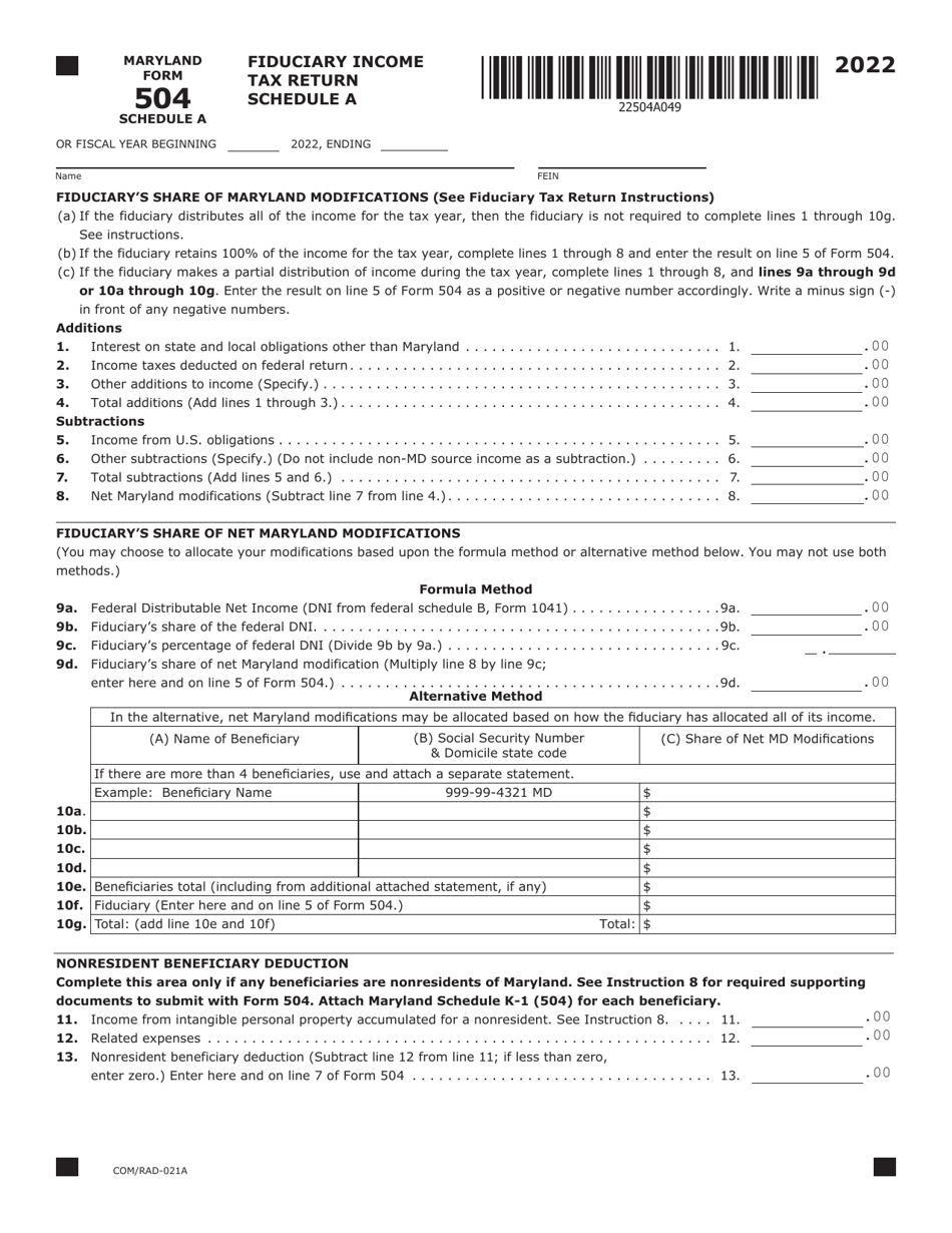 Maryland Form 504 Schedule A 2022 Fill Out, Sign