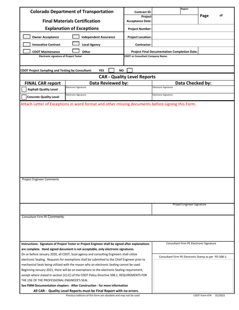 CDOT Form 474 Final Materials Certification Explanation of Exceptions - Colorado