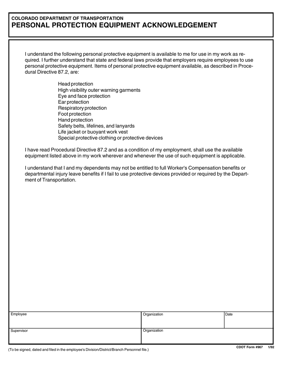 CDOT Form 967 Personal Protection Equipment Acknowledgement - Colorado, Page 1