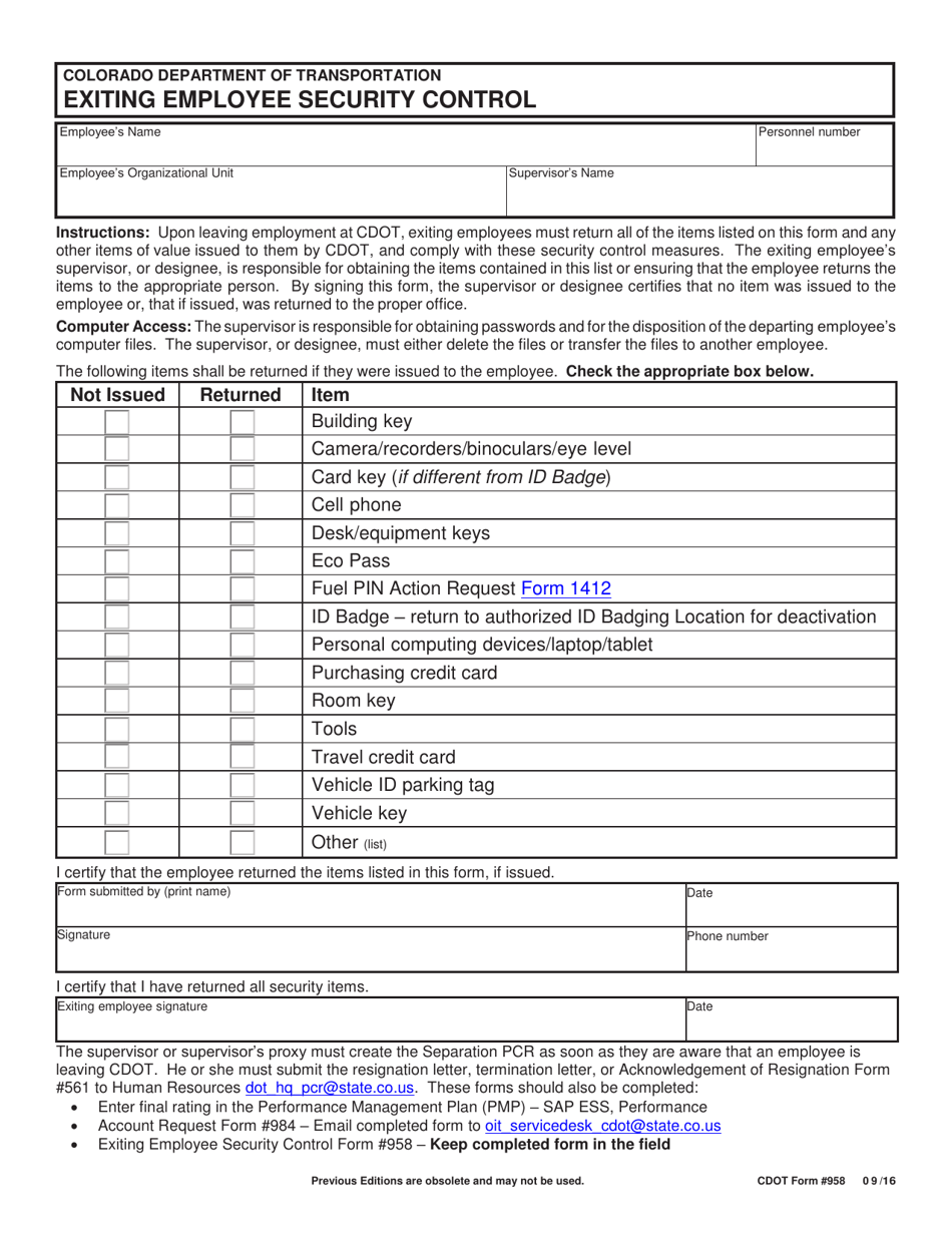 CDOT Form 958 Exiting Employee Security Control - Colorado, Page 1