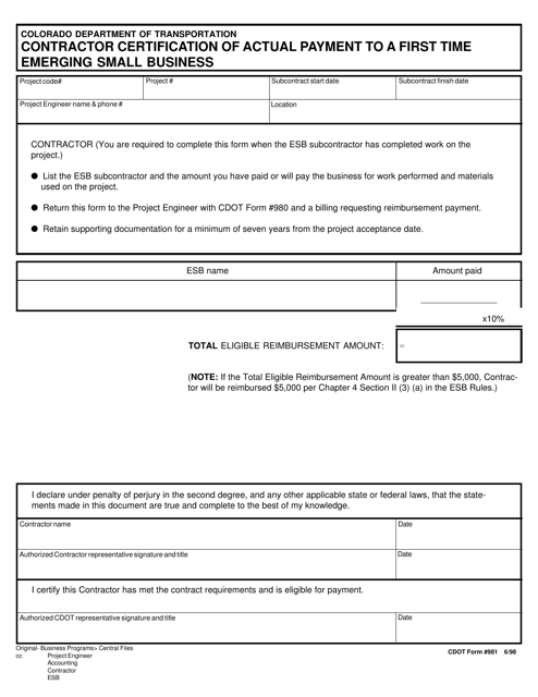 CDOT Form 981  Printable Pdf