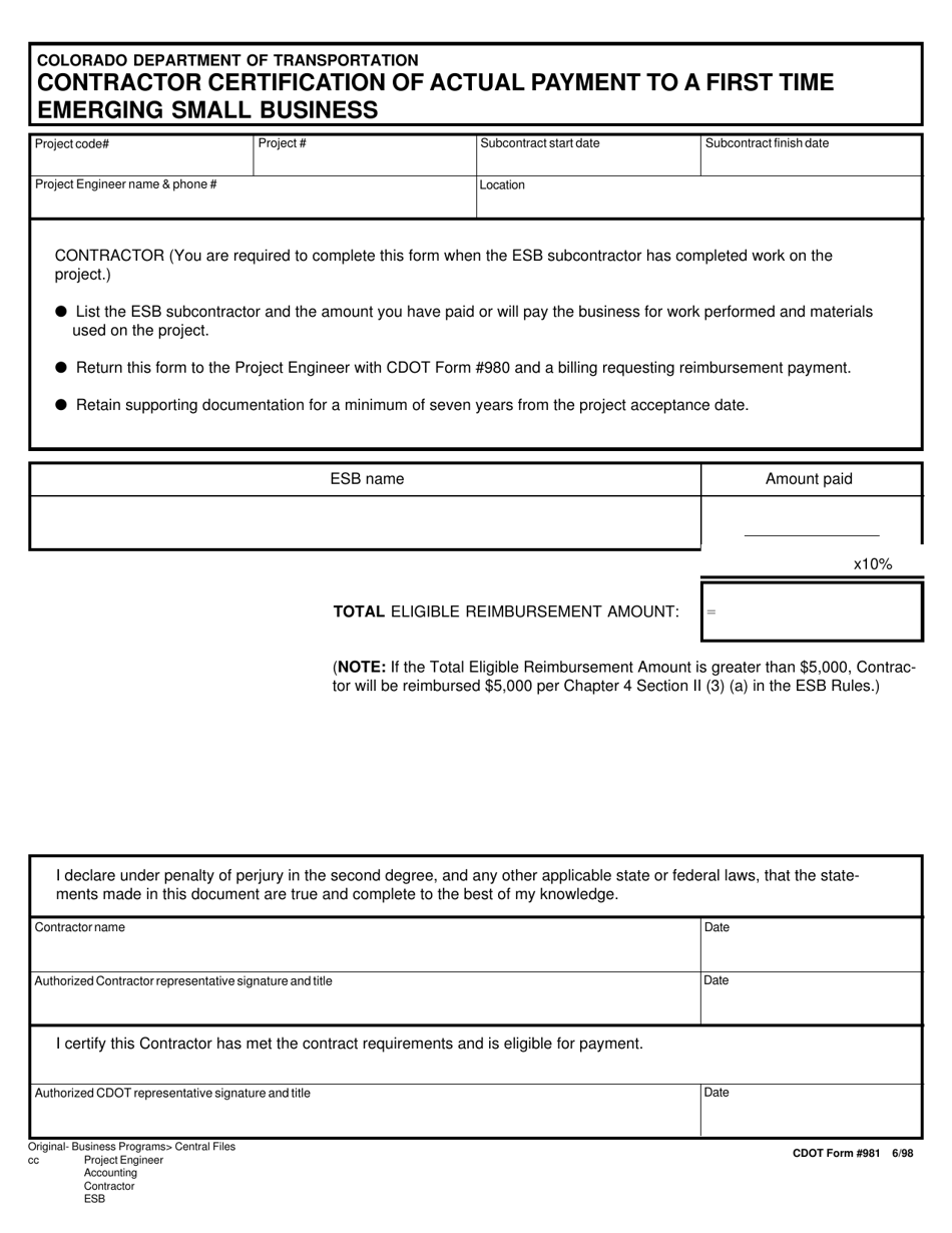 CDOT Form 981 Contractor Certification of Actual Payment to a First Time Emerging Small Business - Colorado, Page 1