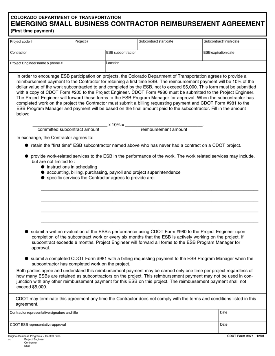 CDOT Form 977 Emerging Small Business Contractor Reimbursement Agreement (First Time Payment) - Colorado, Page 1