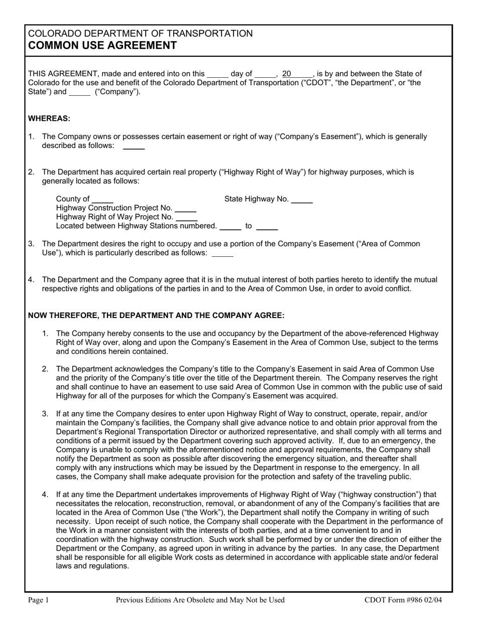 CDOT Form 986 Common Use Agreement - Colorado, Page 1