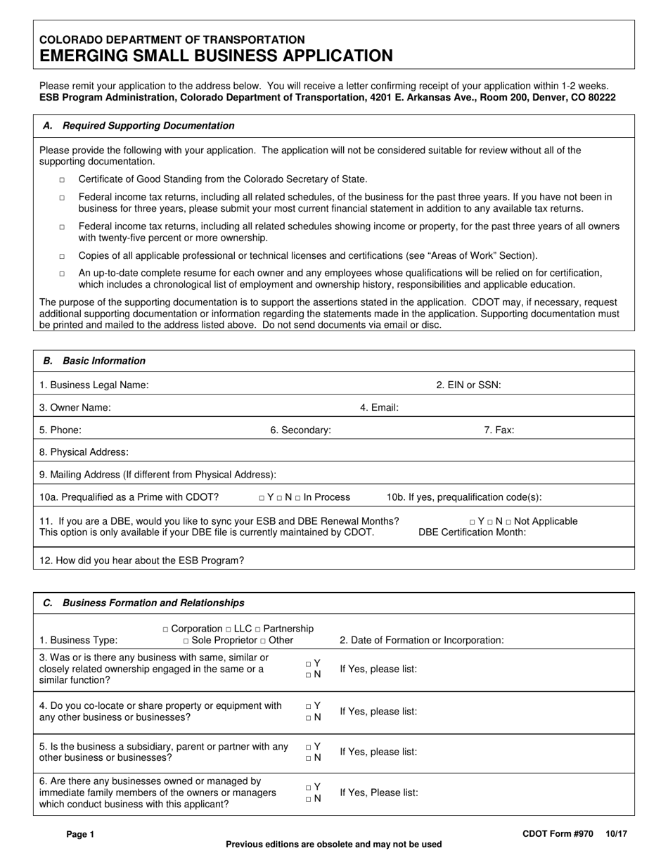 CDOT Form 970 Emerging Small Business Application - Colorado, Page 1