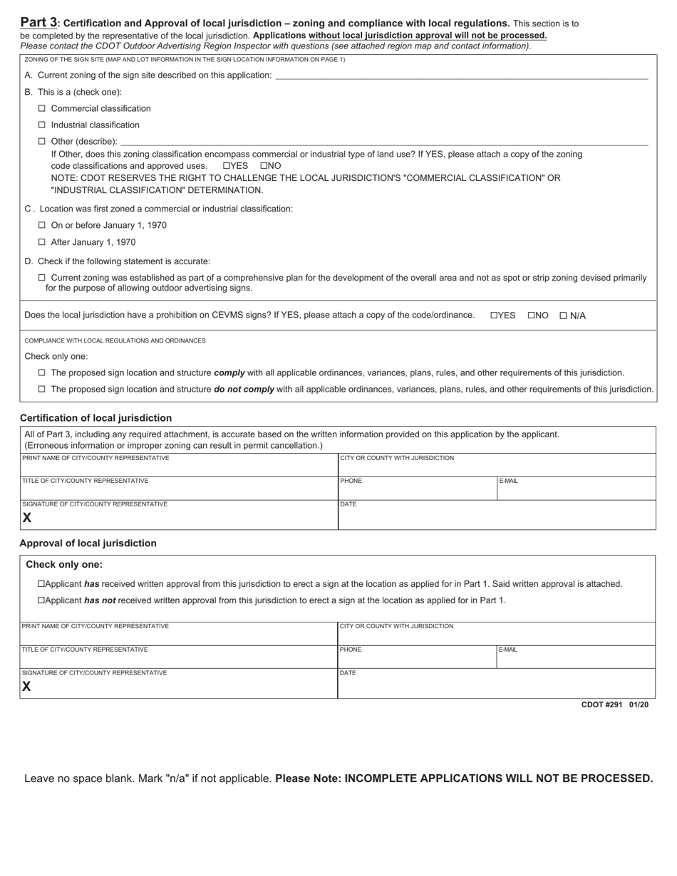 CDOT Form 291 Part 3 Outdoor Advertising Application - Colorado, Page 1
