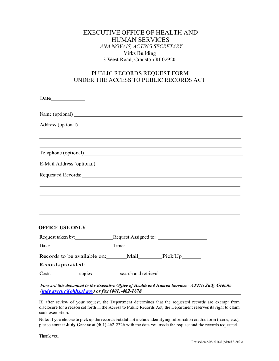 Public Records Request Form Under the Access to Public Records Act - Rhode Island, Page 1