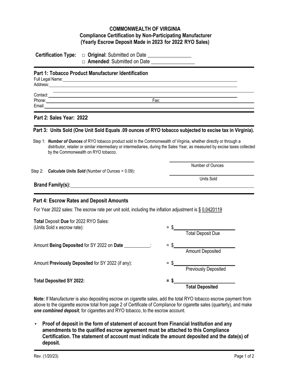 Compliance Certification by Non-participating Manufacturer (Yearly Escrow Deposit Made for Ryo Sales) - Virginia, Page 1