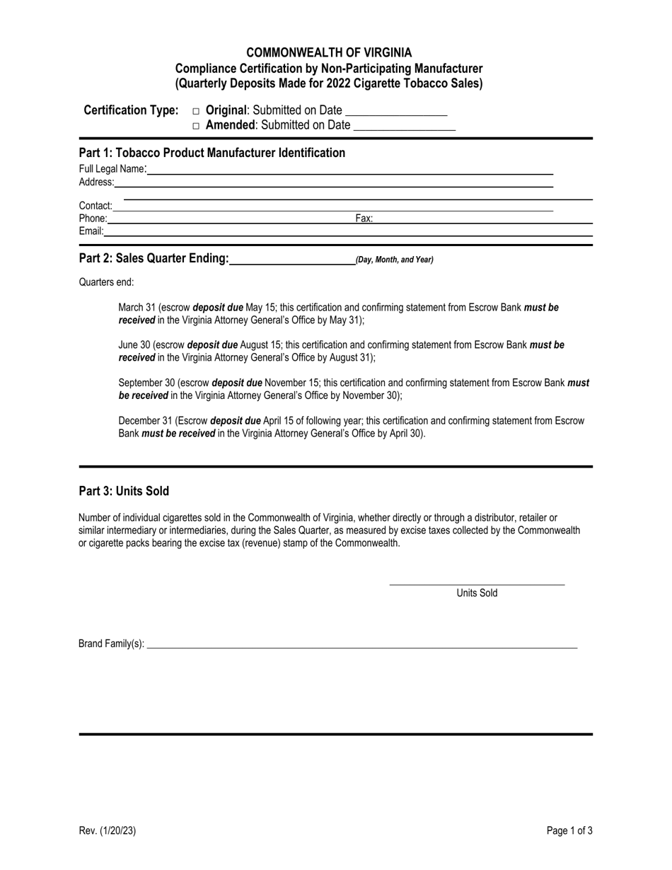 Compliance Certification by Non-participating Manufacturer (Quarterly Deposits Made for Cigarette Tobacco Sales) - Virginia, Page 1