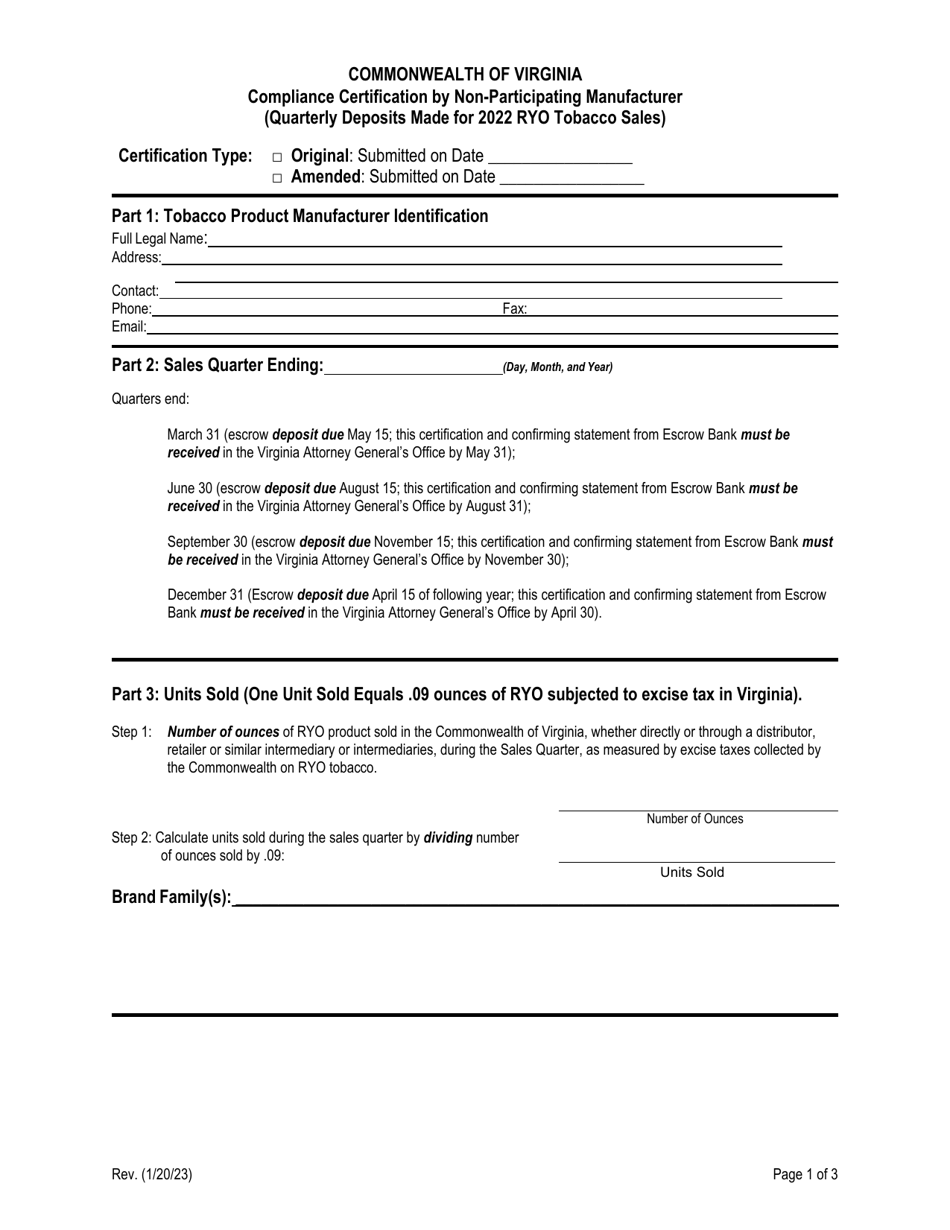 Compliance Certification by Non-participating Manufacturer (Quarterly Deposits Made for Ryo Tobacco Sales) - Virginia, Page 1