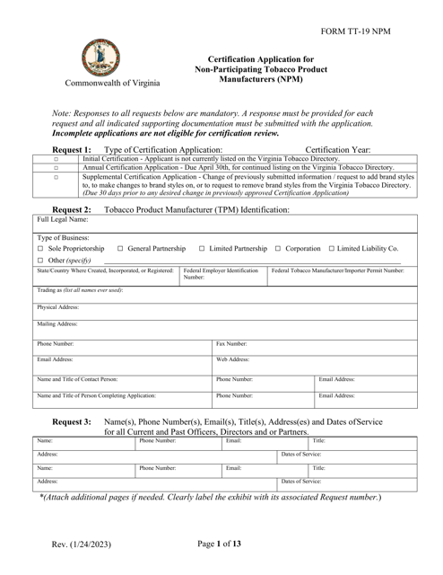 Form TT-19 NPM Certification Application for Non-participating Tobacco Product Manufacturers (Npm) - Virginia