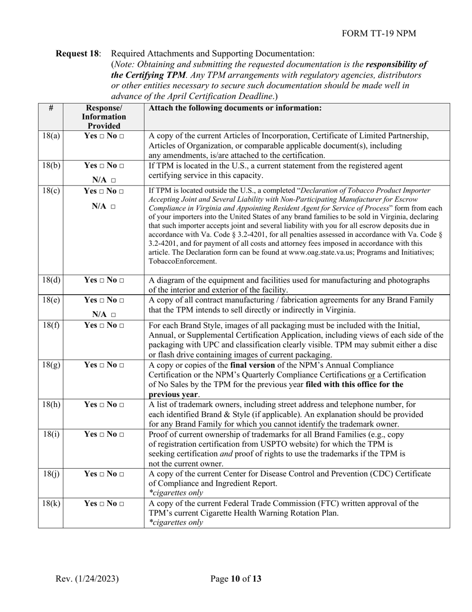 Form TT-19 NPM Certification Application for Non-participating Tobacco Product Manufacturers (Npm) - Virginia, Page 10