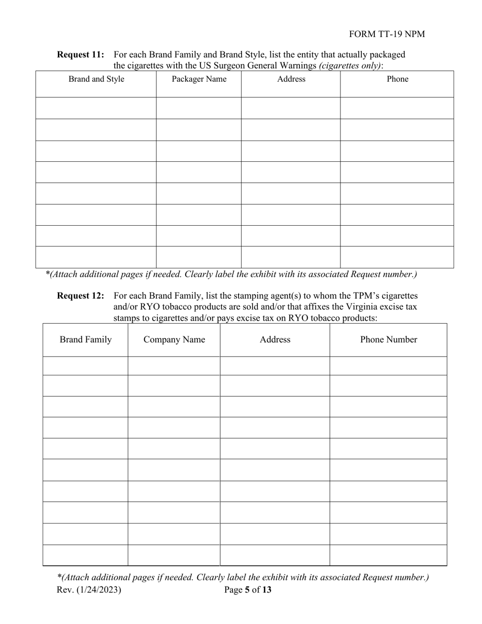 Form TT-19 NPM Certification Application for Non-participating Tobacco Product Manufacturers (Npm) - Virginia, Page 5