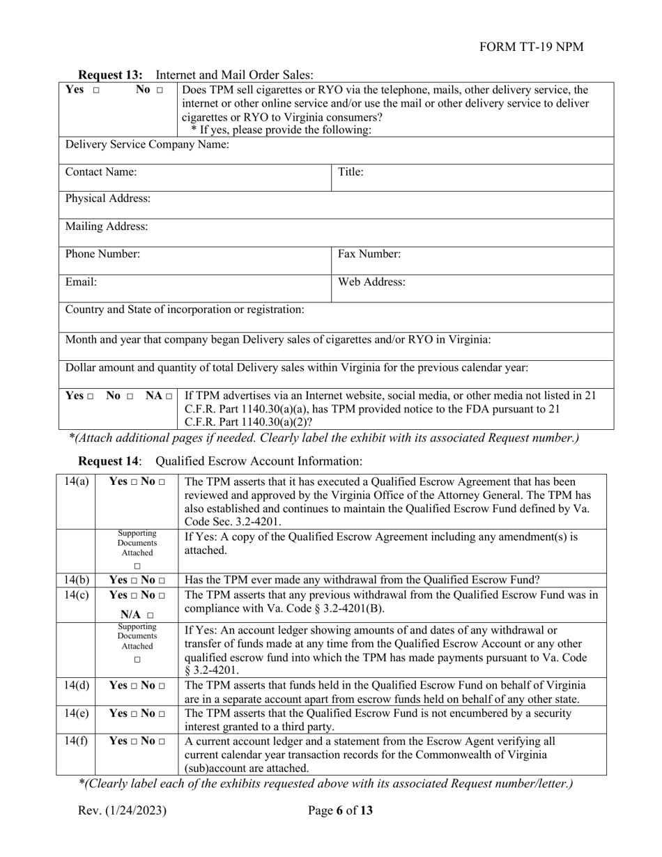 Form TT-19 NPM Certification Application for Non-participating Tobacco Product Manufacturers (Npm) - Virginia, Page 6