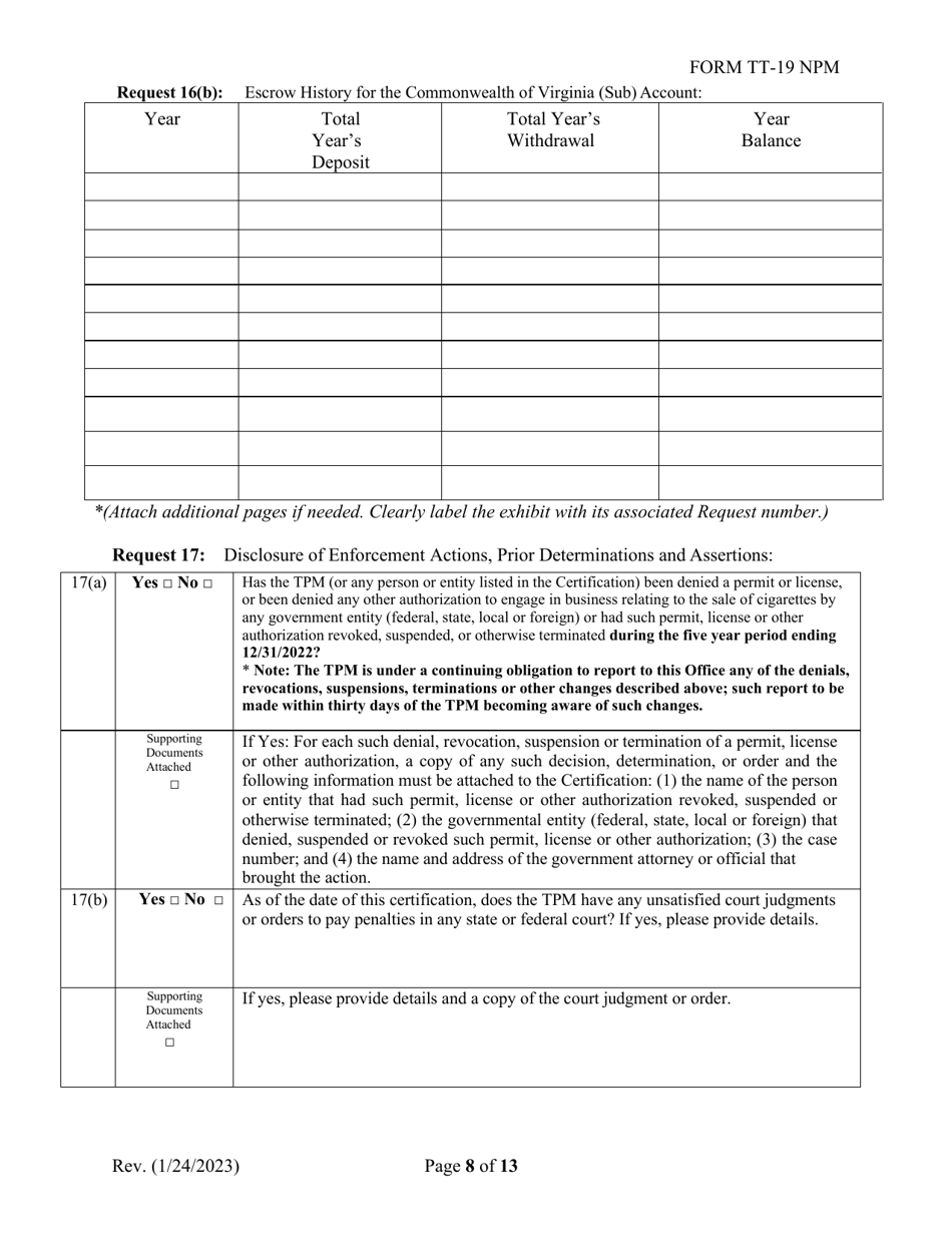 Form TT-19 NPM Certification Application for Non-participating Tobacco Product Manufacturers (Npm) - Virginia, Page 8
