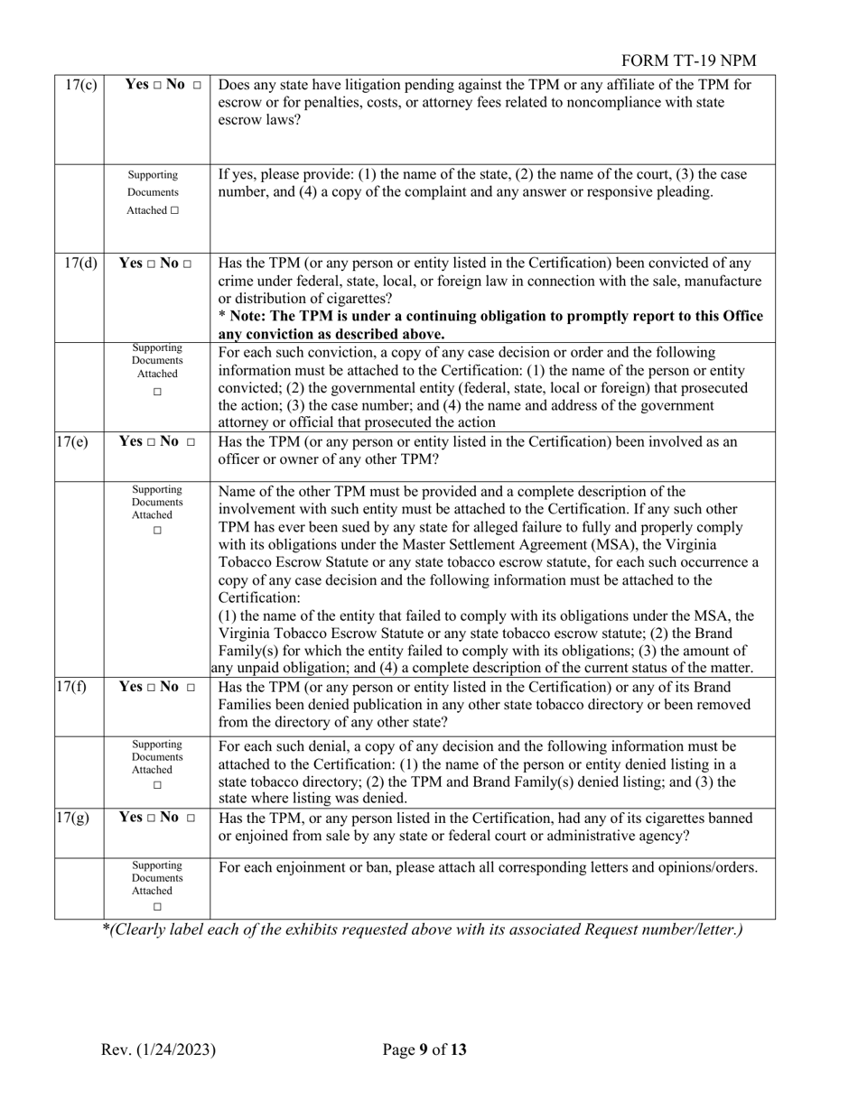 Form TT-19 NPM Certification Application for Non-participating Tobacco Product Manufacturers (Npm) - Virginia, Page 9