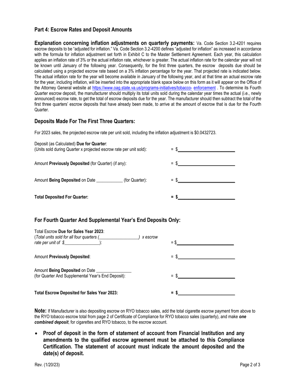 Compliance Certification by Non-participating Manufacturer (Quarterly Deposits Made for Cigarette Tobacco Sales) - Virginia, Page 2