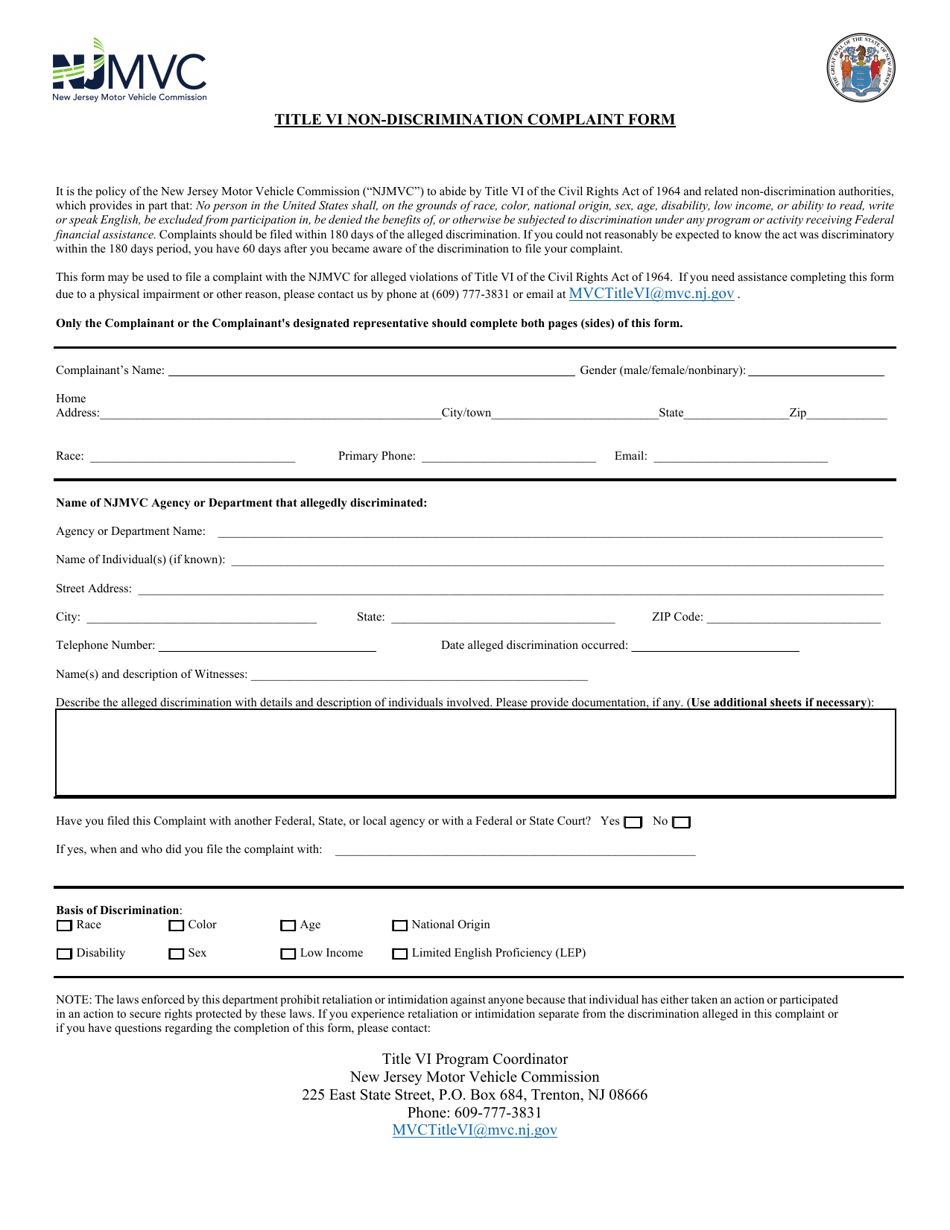 Title VI Non-discrimination Complaint Form - New Jersey, Page 1