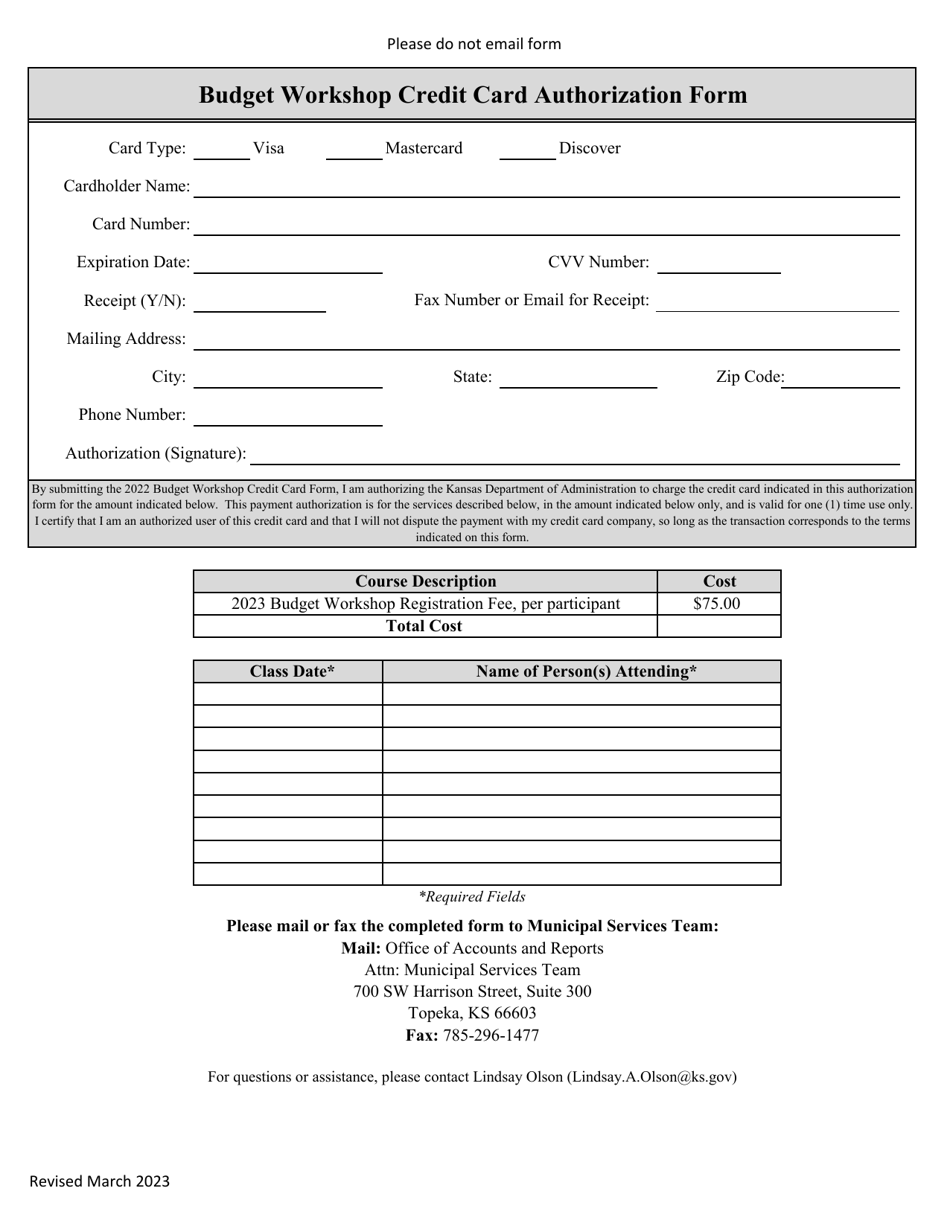 Budget Workshop Credit Card Authorization Form - Kansas, Page 1