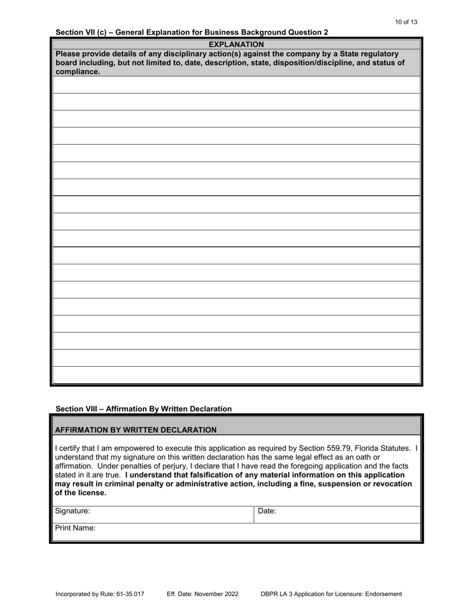 Form DBPR LA3 Application for Licensure: Endorsement - Florida, Page 10