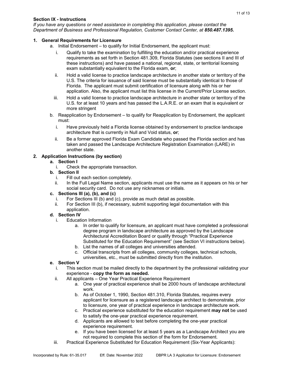 Form DBPR LA3 Application for Licensure: Endorsement - Florida, Page 11