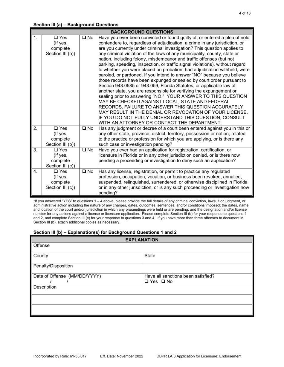 Form DBPR LA3 Application for Licensure: Endorsement - Florida, Page 4
