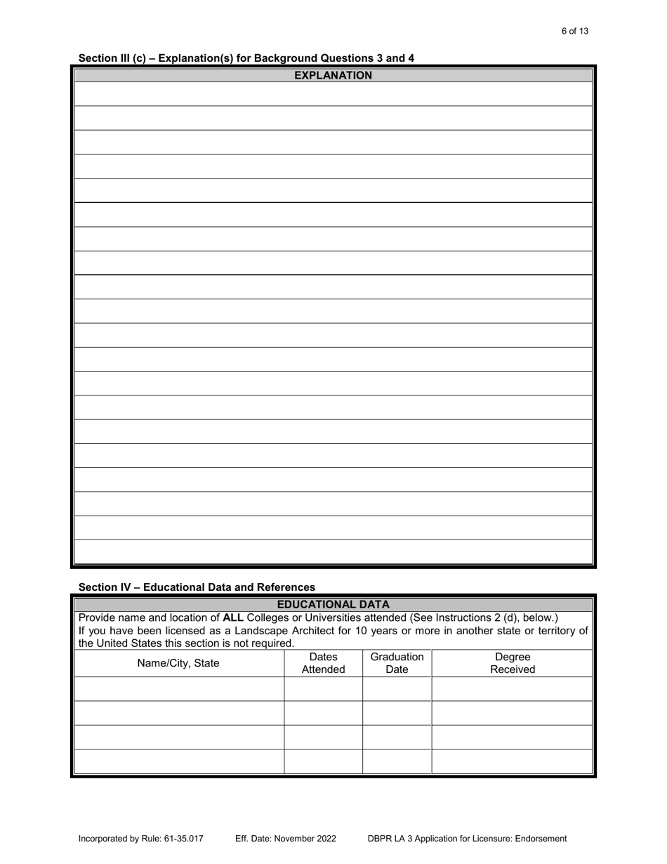 Form DBPR LA3 Application for Licensure: Endorsement - Florida, Page 6