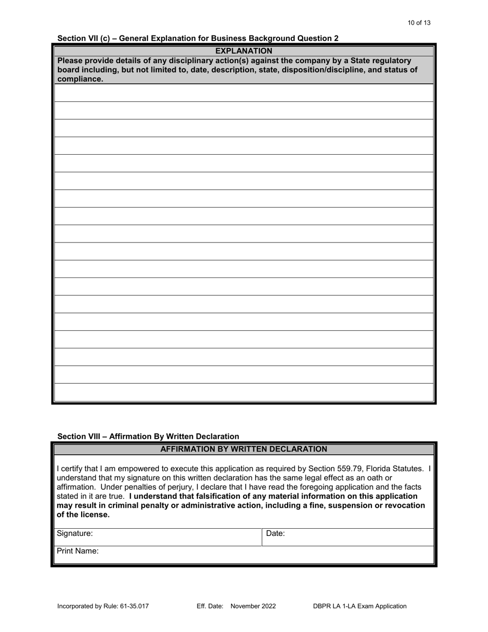 Form DBPR LA1 Application for Licensure: Examination - Florida, Page 10