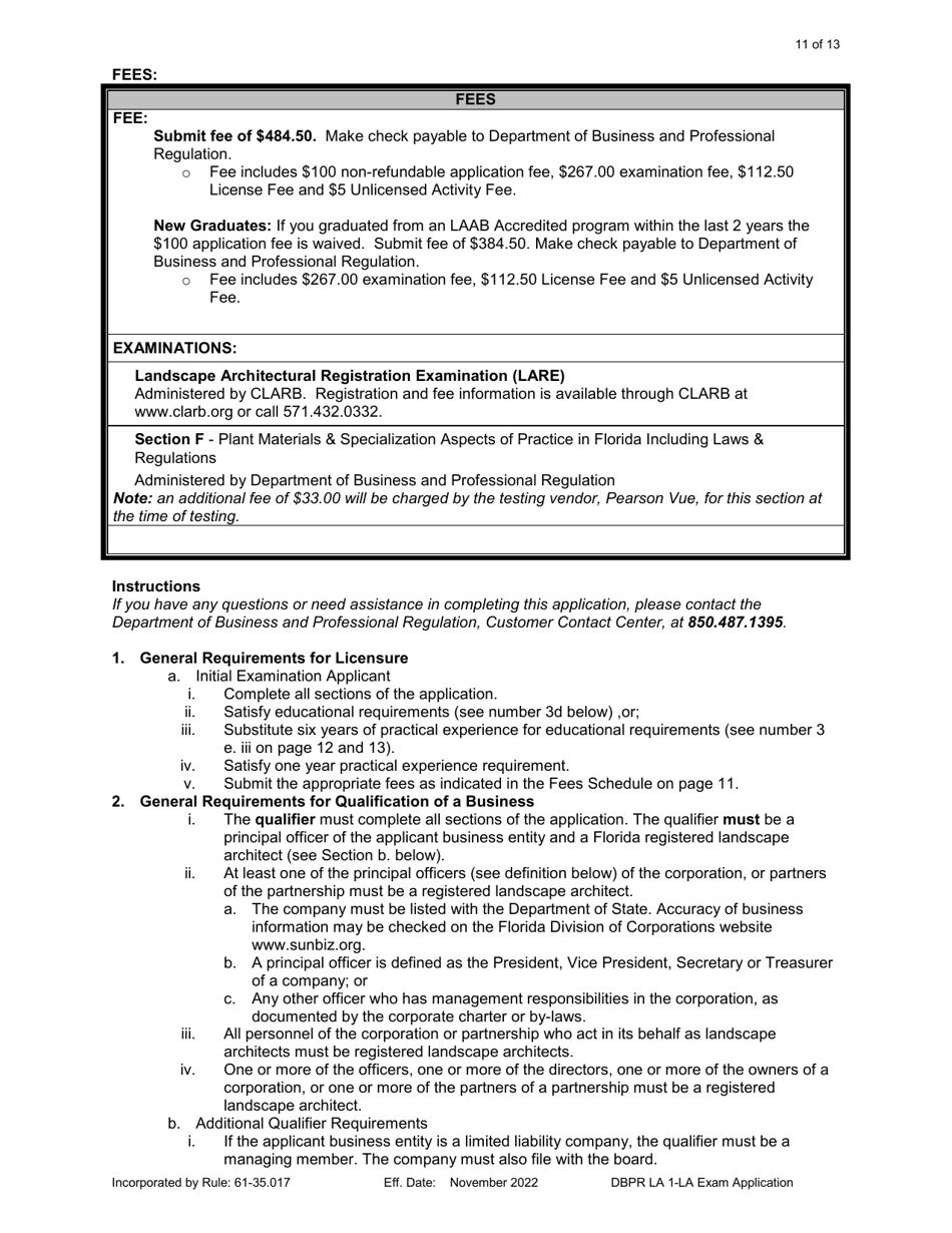 Form DBPR LA1 Application for Licensure: Examination - Florida, Page 11