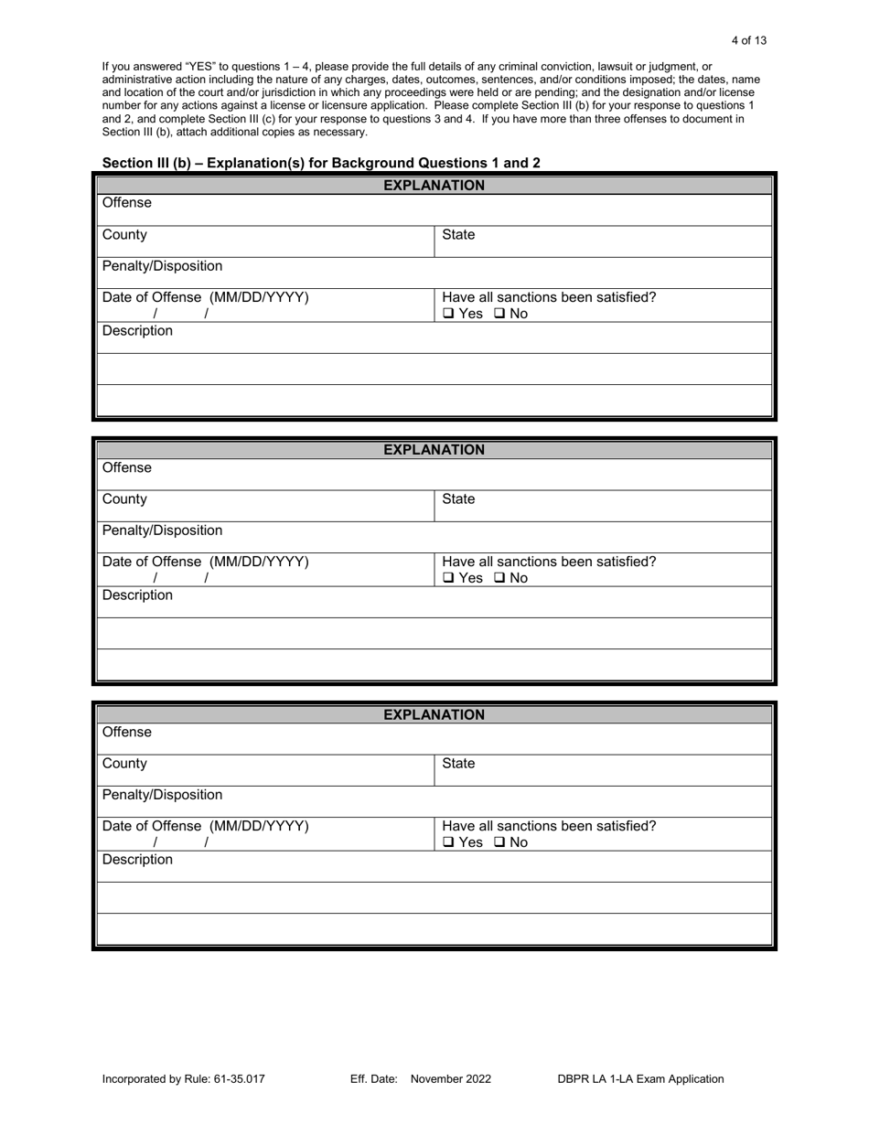 Form DBPR LA1 Application for Licensure: Examination - Florida, Page 4