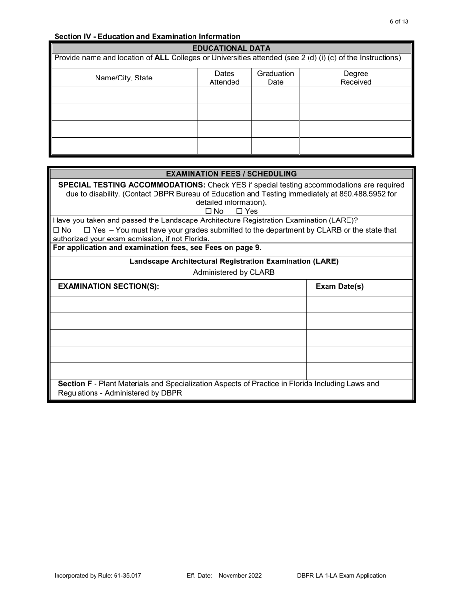 Form DBPR LA1 Application for Licensure: Examination - Florida, Page 6